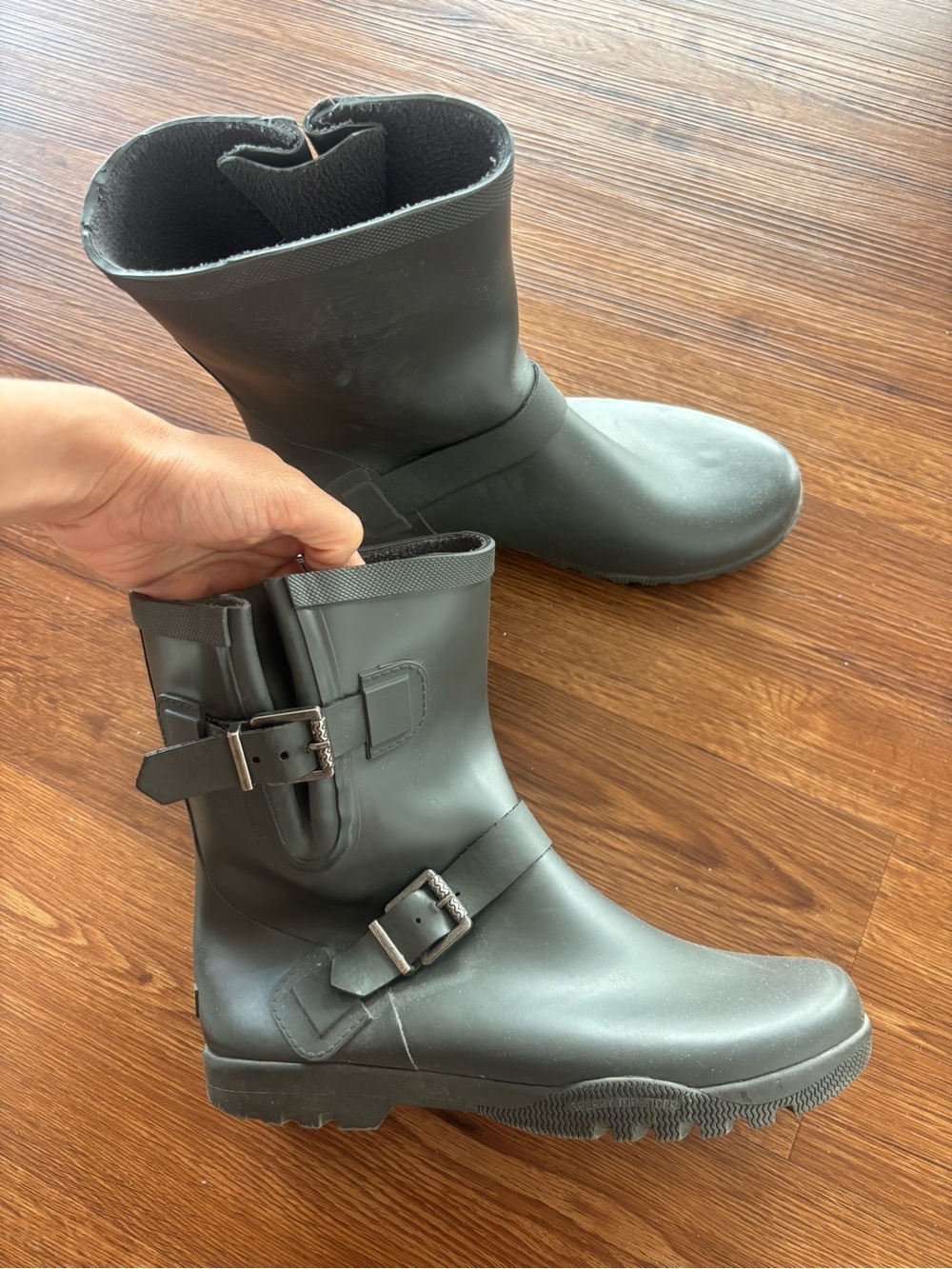 Gray Mid-Calf Rain Boots with Buckle Detail